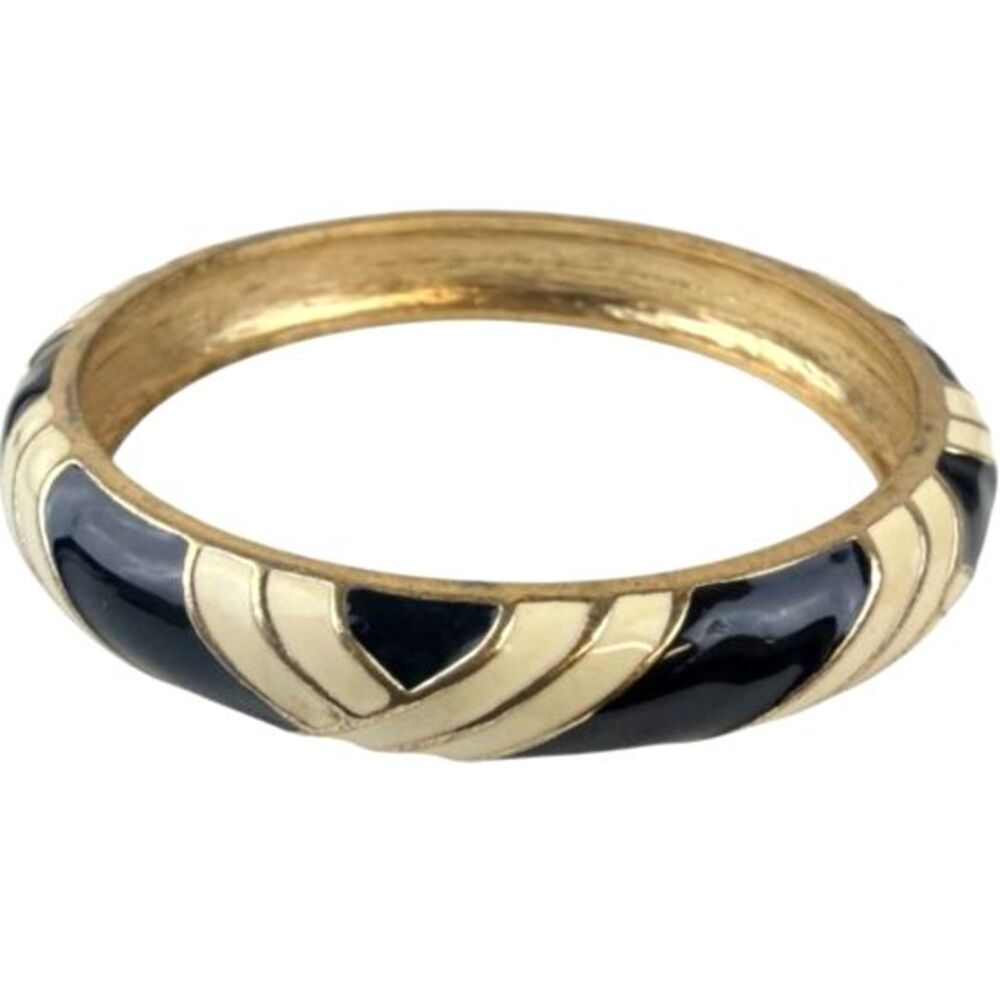 J.Crew Art Deco Gold Tone Black Cream Geometric Enamel Slip On Bangle Bracelet